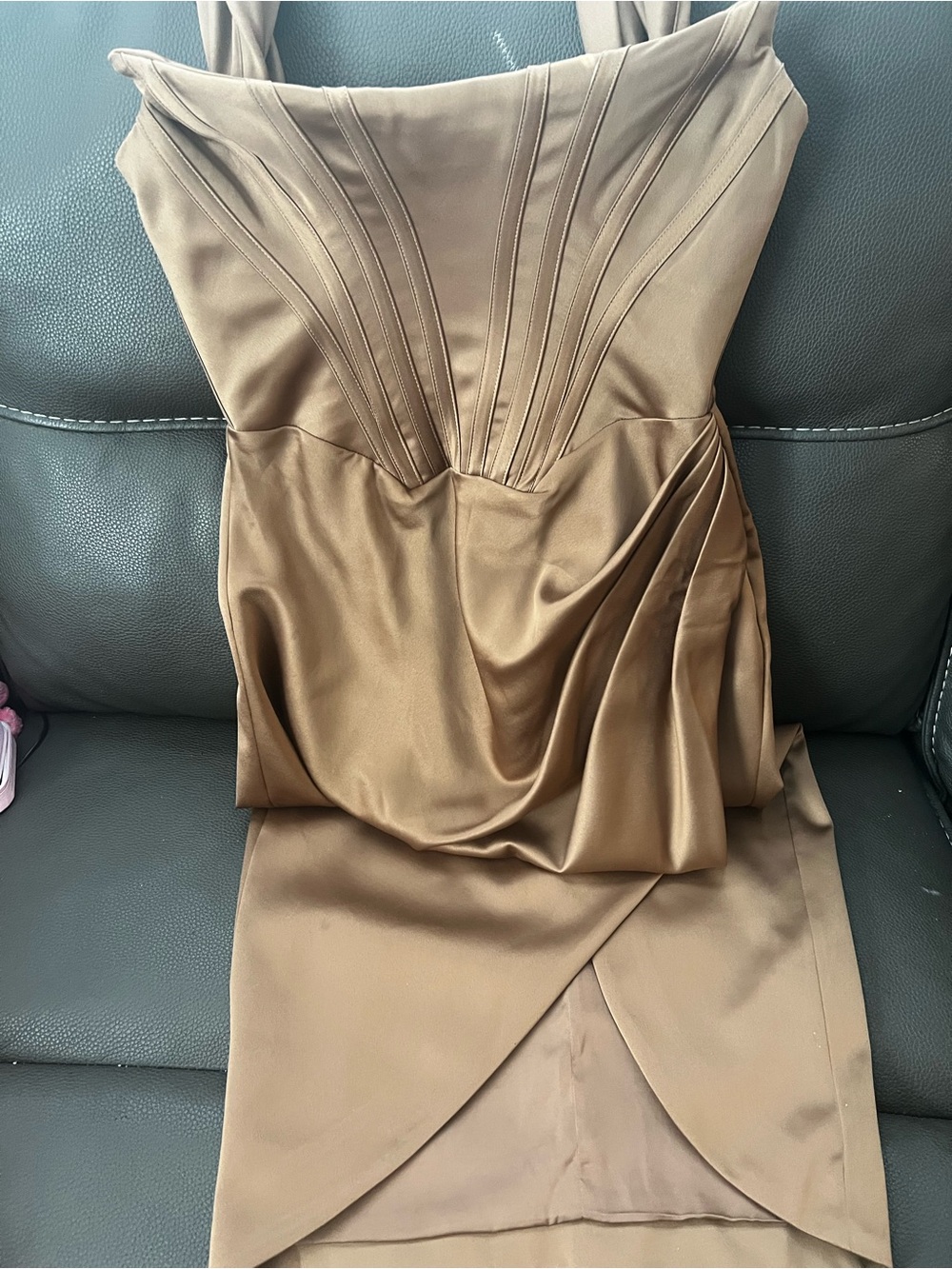 House of CB Strapless Satin Dress in Brown